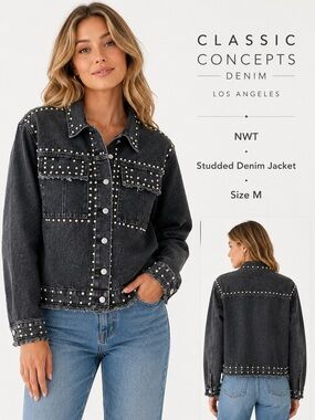 Classic Concepts Black Studded Raw Hem Denim Jacket M New with tag